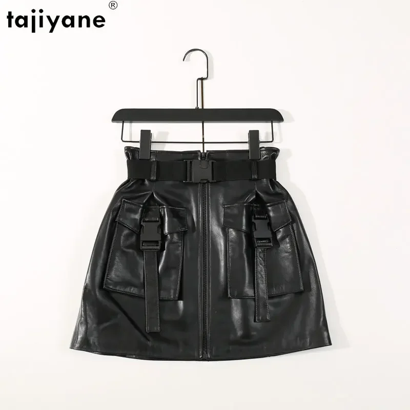 

Tajiyane Real Sheepskin Cargo Skirt Women Genuine Leather Skirt Women A-line Skirt Large Pockets Short Skirts Korean Lace-up