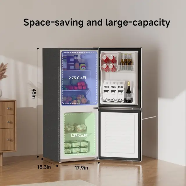 Small Fridge with Bottom Freezer, for Apartment, Bedroom, Dorm, and Office, Double Door, Stainless Steel, Silver 2