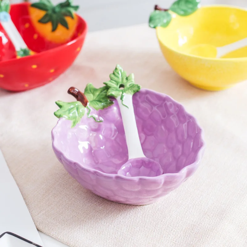 Salad Bowl Creative Strawberry Mug Household Kitchen Fruit Dessert Ceramic Bowl Spoon Children's Cartoon Fruit Shaped Tableware