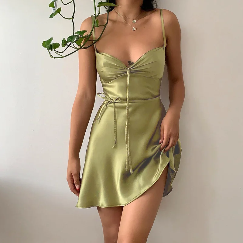 

Dresses for Woman Summer 2023 NewElegant Low-Cut Bandage Satin Dress Women Fashion Bodycon Mini Dress Evening Party Casual Sexy
