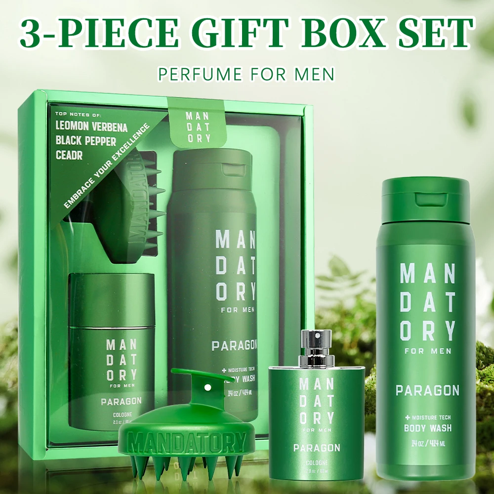 MANDATORY Men's Fragrance Set Gift Eau de Toillete Cologne Spray 2.0 Oz Body Wash 14 Oz Shower Gel 1 Pc Hair Scalp Massager