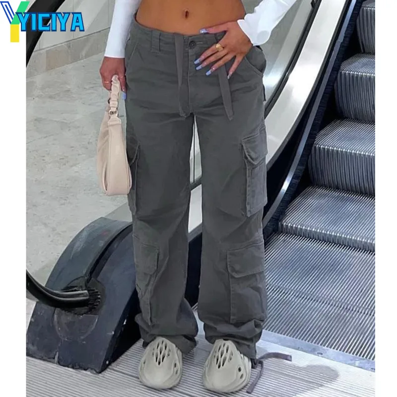 

YICIYA y2k Women Cargo Pants Vintage Grey Cargo Pants High Waist Wide Leg Jeans Baggy Casual Fashion Multiple Pockets Hip Hop