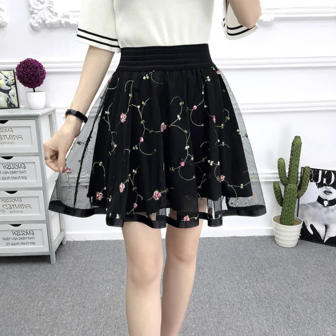 2021 New Spring Summer and Autumn Mesh Short Skirt Elastic Waist Versatile Pengpeng Skirt A-line High Waist Lace Lady Girl black mini skirt