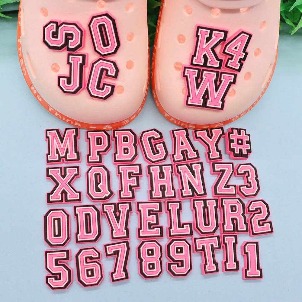 

Wholesale 50PCS PVC Shoe Charms Pink 26 Letter Alphabet Math Number Sandals Shoes Decoration for Wristbands Croc Jibz Kids Gift