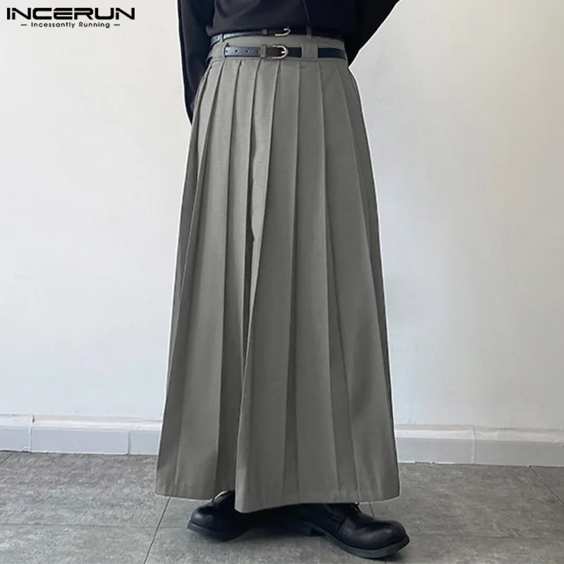 Men Casual Skirts Solid Color Pleated Zipper Loose Trousers Personality Streetwear Leisure Fashion S-5XL