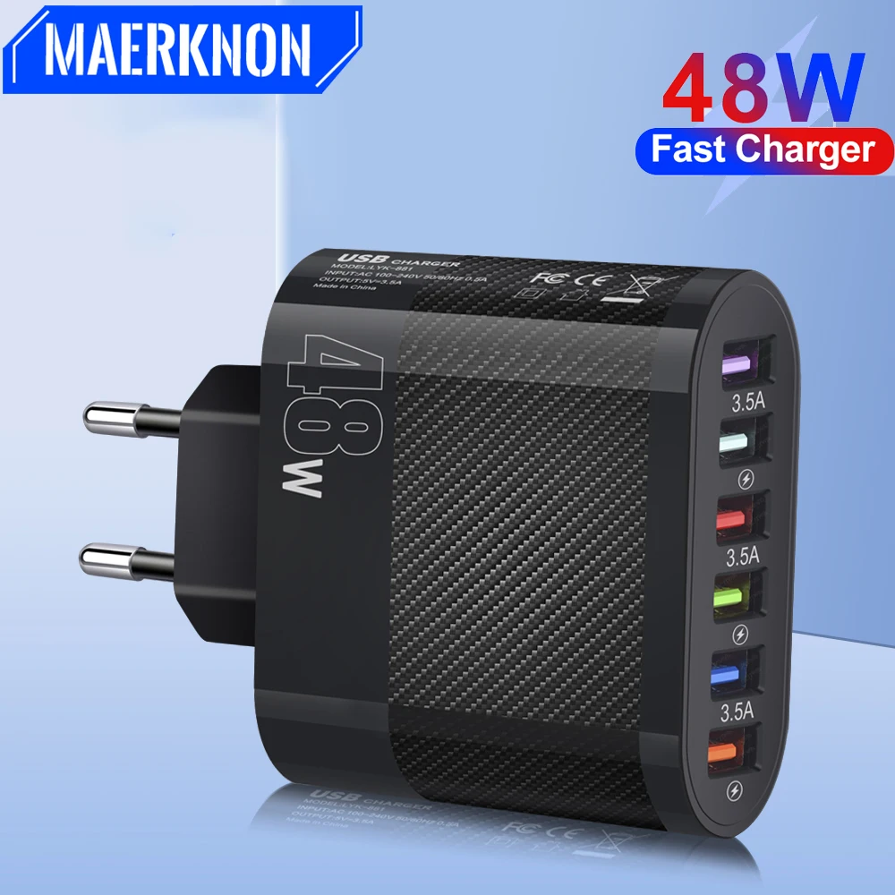 

48W 6 Ports USB Charger Fast Charging For IPhone 13 14 Pro Samsung Xiaomi 13 Huawei EU/US/UK Plug Portable Phone Charger Adapter