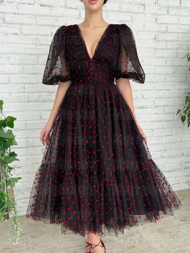 

Heart Pattern Tulle Puffy Sleeves Prom Dress for Women A Line Tea-Length Formal Evening Party Gowns V Neck Homecoming Dress