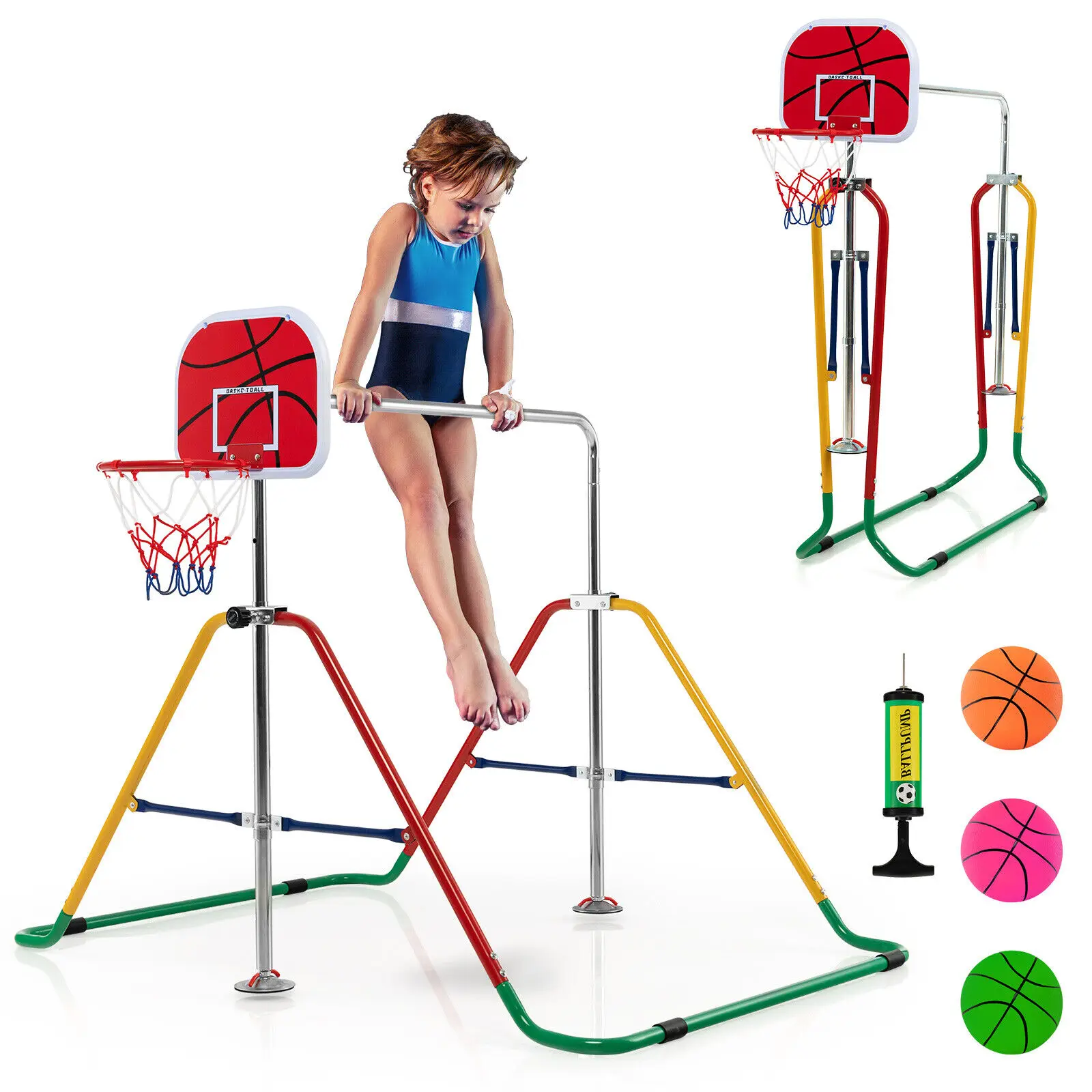 

Babyjoy Kids Folding Horizontal Bar Adjustable Training Gymnastics Bar W/Basketball Hoop