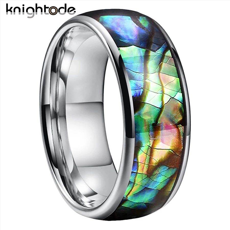 

8mm Tungsten Carbide Rings With Abalone Shell Inlay Wedding Bands Domed Polished Shiny Comfort Fit