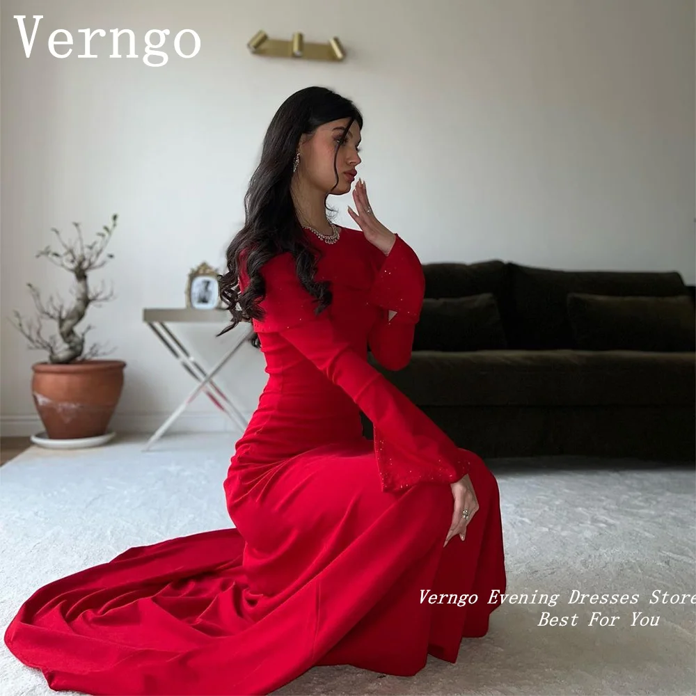 

Verngo Red Crepe Long Prom Gowns Full Sleeves Simpe Mermaid Evening Dress For Women Saudi Arabic Party Dress فساتين السهرة