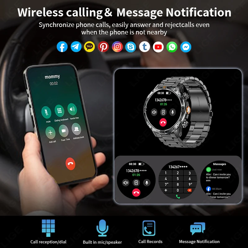 LIGE 2025 New For HUAWEI Xiaomi 1000mAh Smart Watch Men Sports Fitness LED Flashlight Compass IP68 Waterproof BT Call Smartwatch