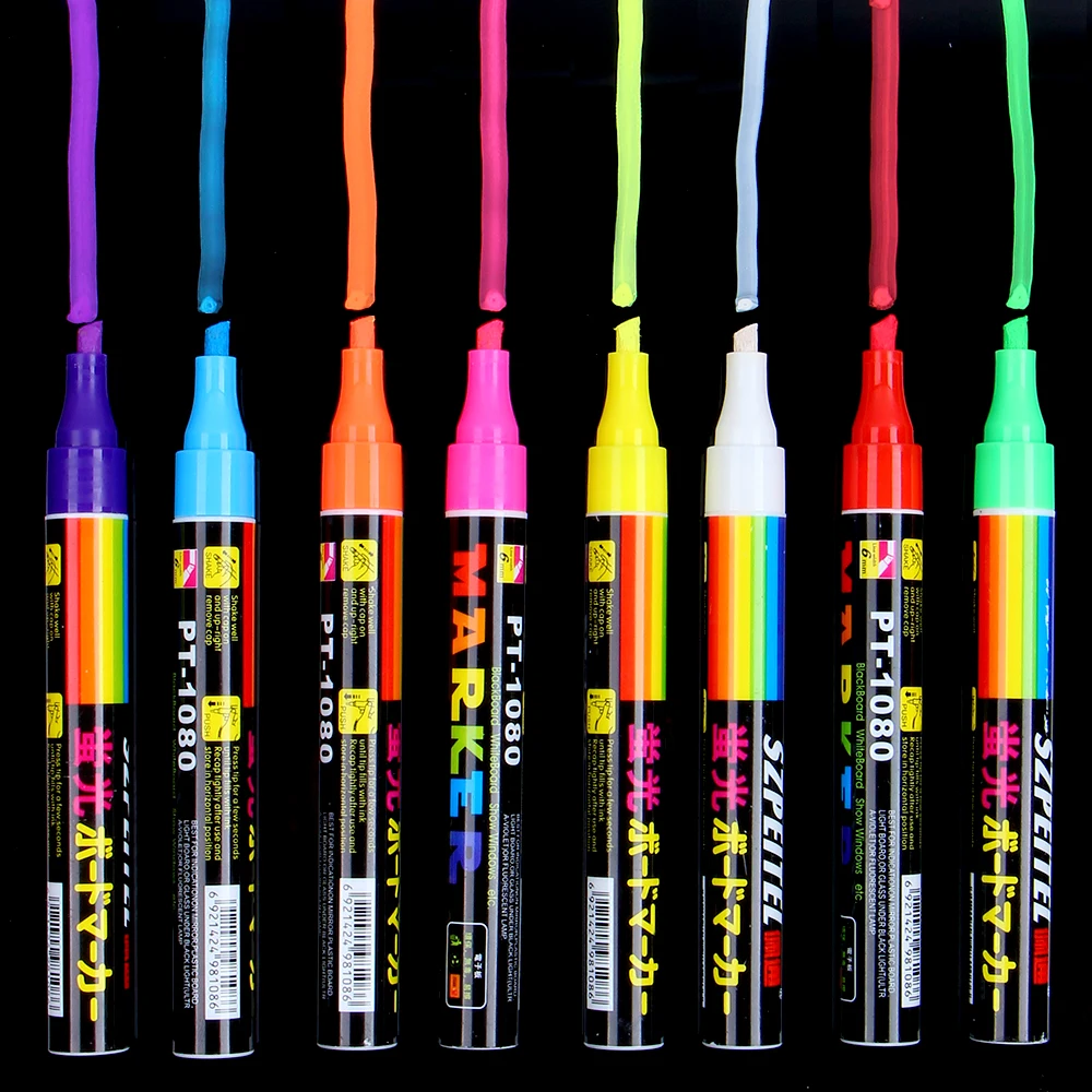 8 Colors Erasable Oblique Highlighter Pen Set 6mm Neon Marker LED Glassboard New