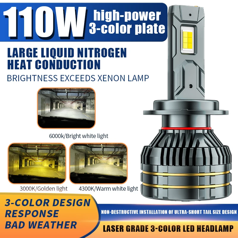 

2PCS H4 LED Headlight Bulb Headlamp H1 H3 H7 H11 H8 H9 9006/HB4 9005/HB3 three-color Car Lamp Fog Lamp 12V 3000K+4300K+6000K