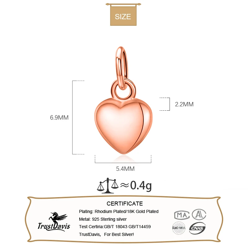 TrustDavis Real 925 Sterling Silver Personality Fashion Sweet Romantic Heart Charm Pendant Handmade DIY Accessories Jewelry DZ75 pendant necklace