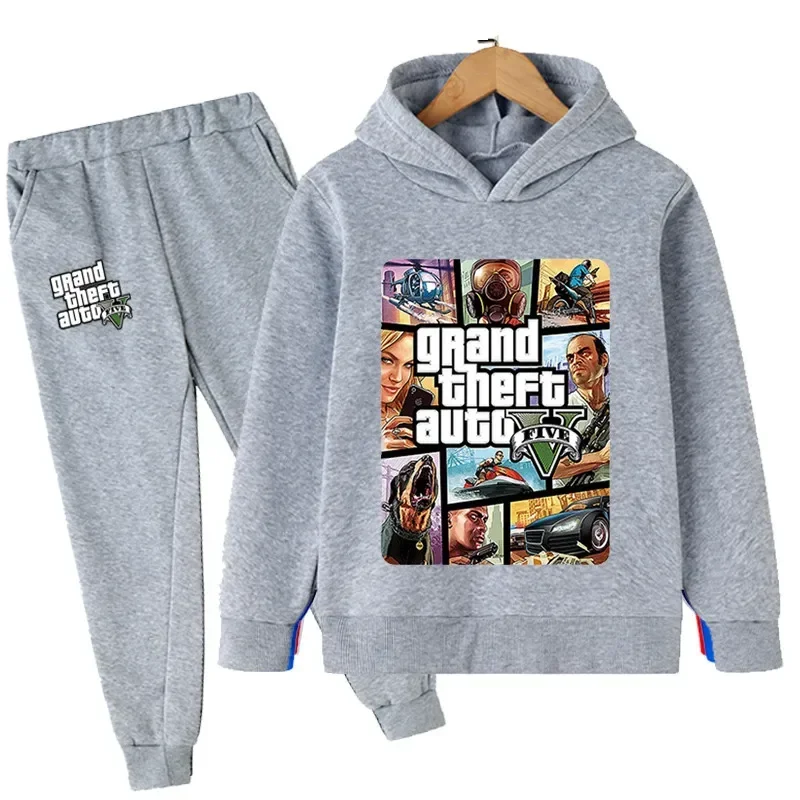 thumbnail image 1 of Conjunto de 2 piezas de sudaderas con capucha y pantalones largos de dibujos animados para niños, juego de Gta 5, ropa para niños de 4 a 14 años, chándal de otoño, 1 of 5