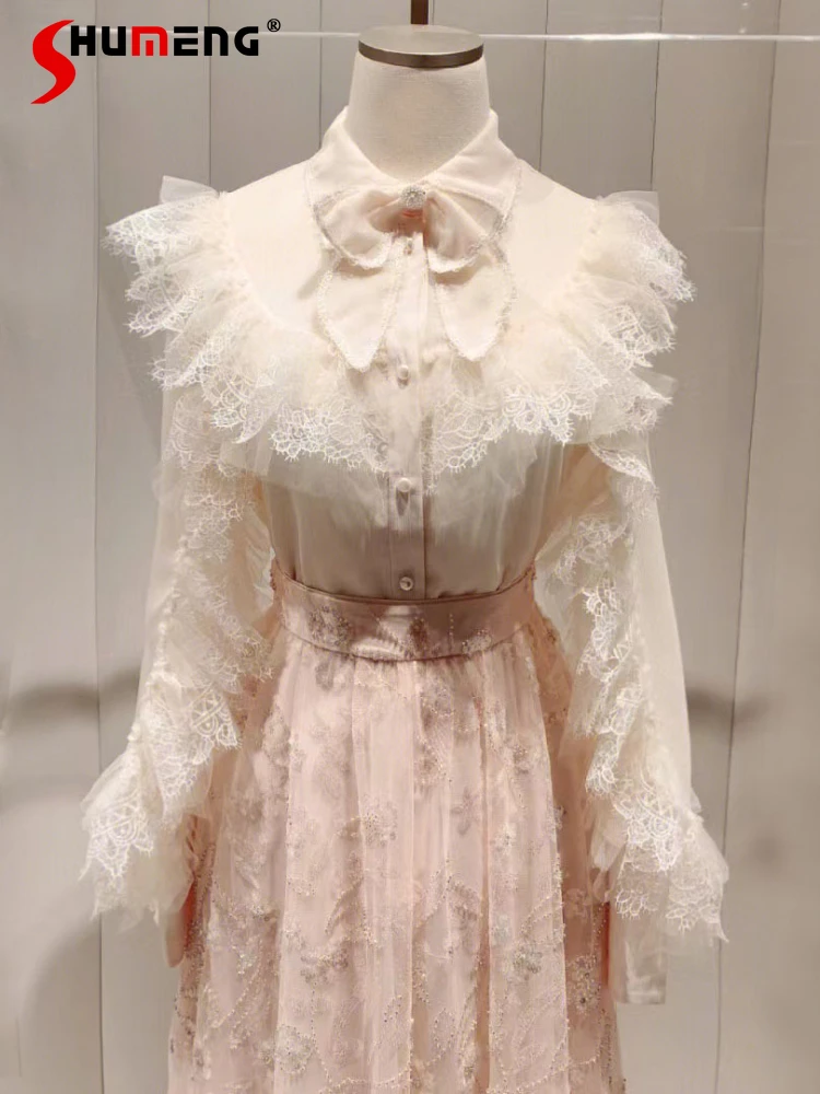 

French Lace Bow Shirt for Women 2023 Early Autumn New Ladies Sequin Embroidery Long Sleeve Pearl Buckle Beoge Top and Pink Skirt