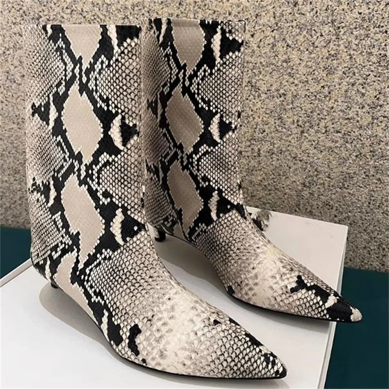 

Snake Pattern Shoes for Ladies Pointed Toes Mid Calf Boots Low Heels Chaussure Femmes Mixed Colors Women's Leather Female Botas