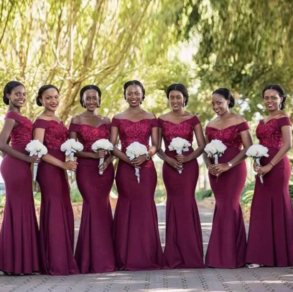 

New Burgundy Mermaid Bridesmaid Dresses Off-Shoulder Floor-Length Lace Satin long Backless Plus Size Custom