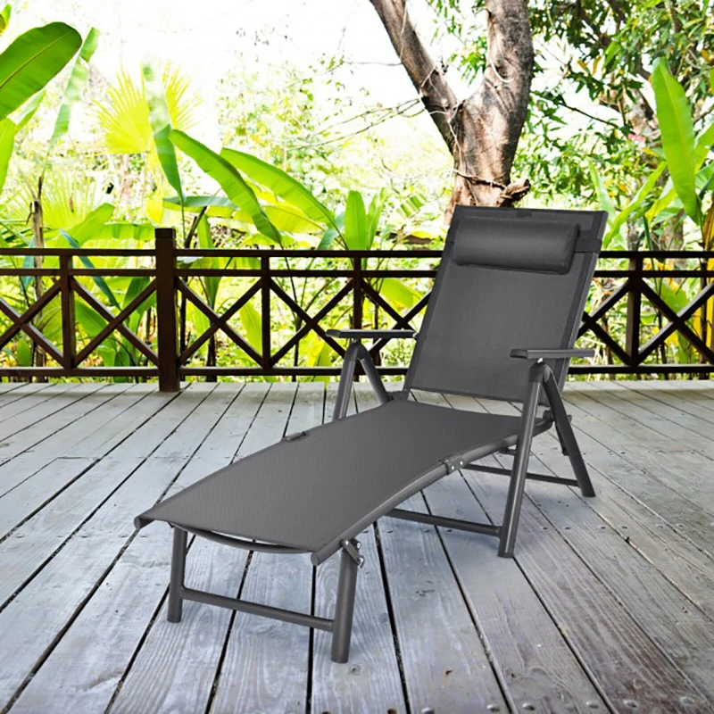 

Adjustable 7 Backrest Positions Folding Recliner Detachable Headrest Pillow Breathable Fabric Sturdy Aluminum Frame Beach Chair