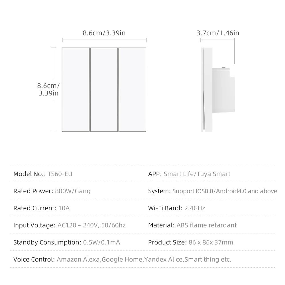 WiFi Tuya EU Smart Light Switch with Ambient Light,1/2/3/4 Gang Button Light Swi