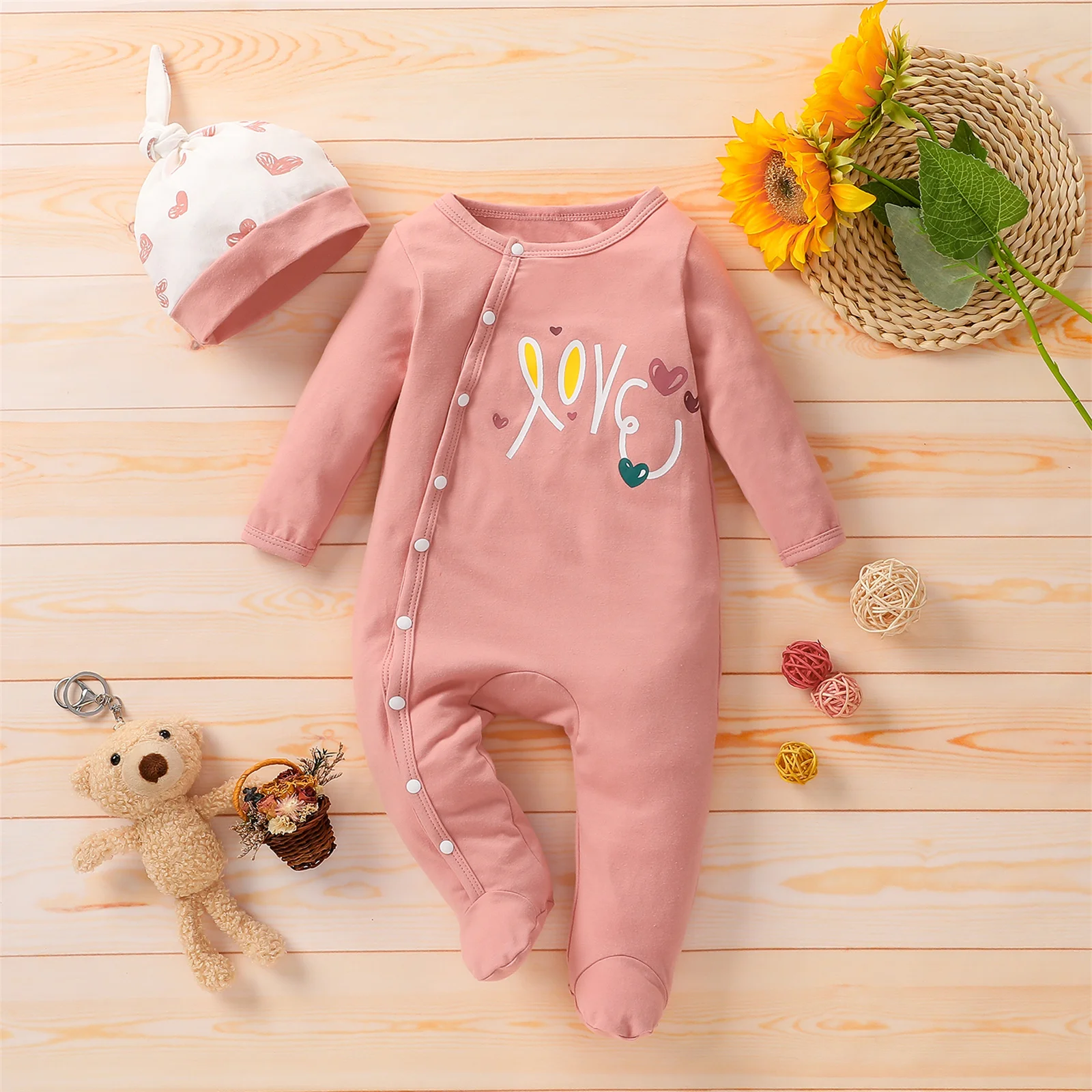 PatPat 2pcs Jumpsuit Baby Girl Clothes 95% Cotton Autumn Infant Newborn Romper Long-sleeve Cute Footed with Hat Set for Babies