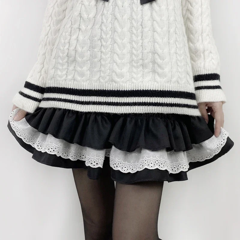 Japanese Harajuku Style Girls Cute Black White High Waist Pleated Skirts Sweet Lolita Cake Mini Skirt Cosplay Costume Skirts JK