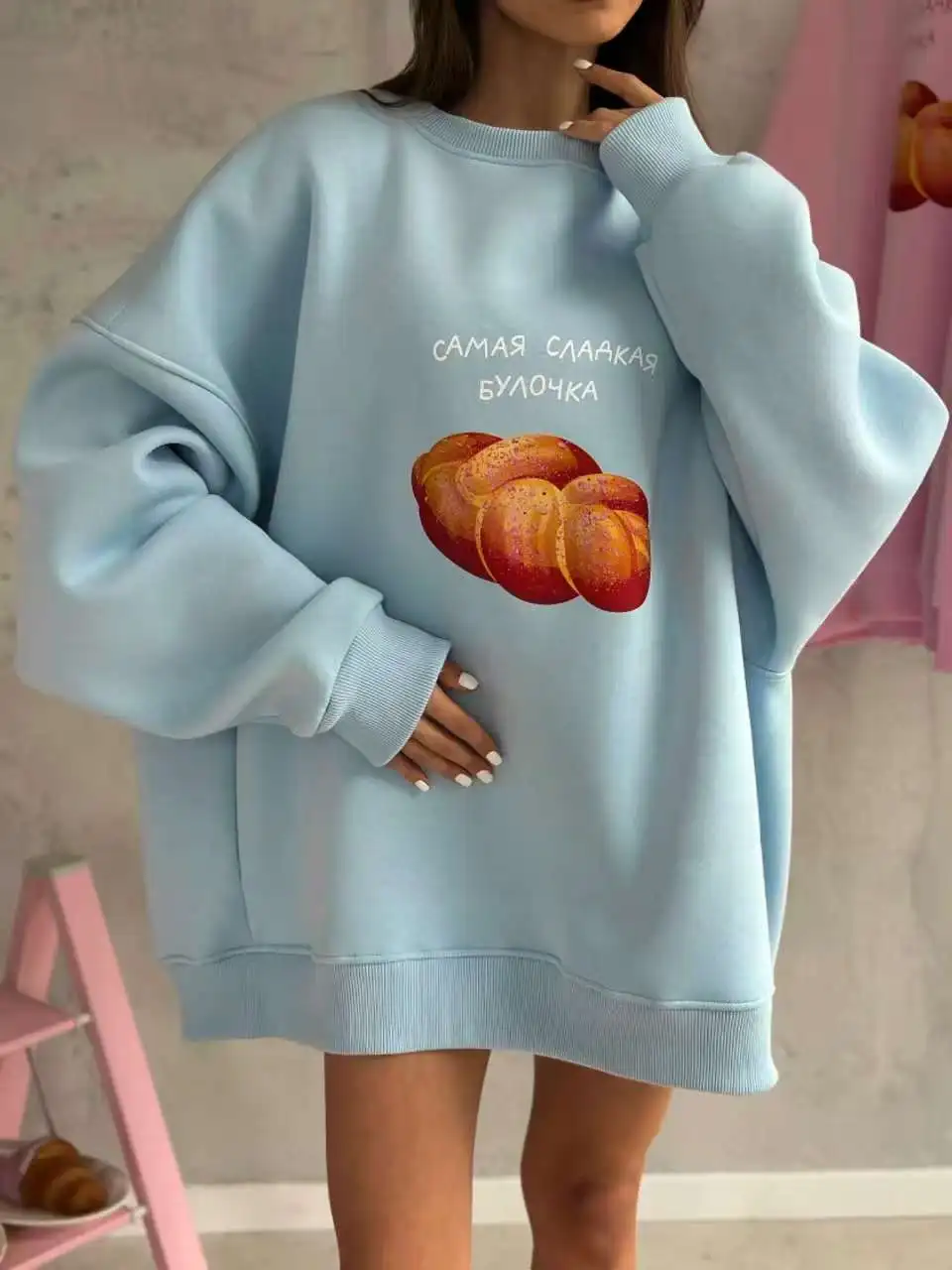 Blue Russian Bread Printing Oversized Sweatshirt Women Thin Autumn 2026 Hoodies O Neck Long Sleeve Loose European Fashion 3XL