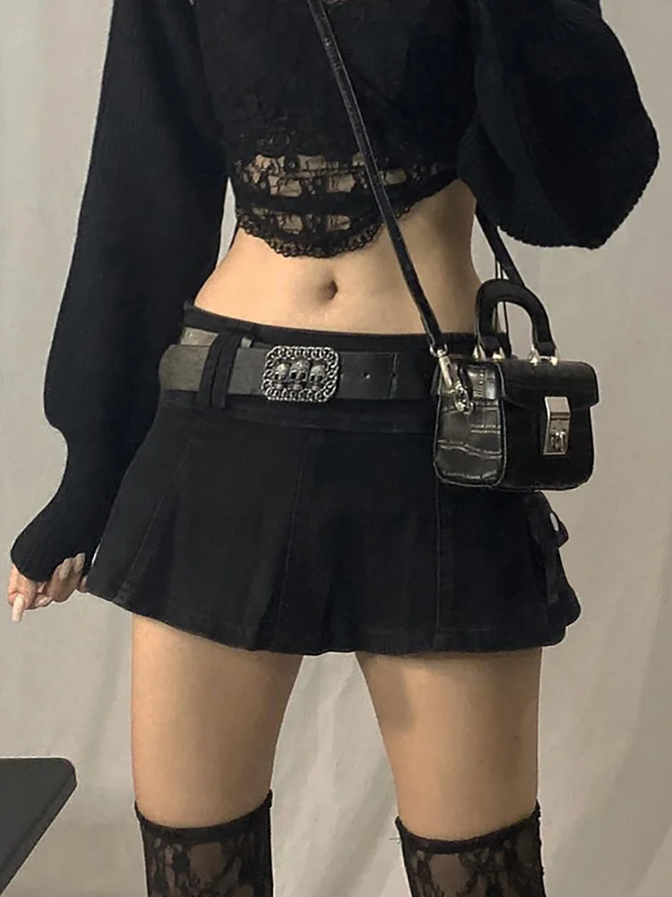 ALLNeon Pastel Goth Low Waist Black Micro Skirts Y2K Streetwear Pockets Patchwork A-line Skirt E-girl Aesthetics Outfits Zipper
