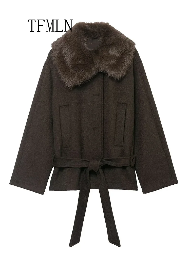 Oversiz Women Causa Cropped Jacket With Belt Chic Faux Fur Collar Long Sleeve Coat Retro High Street Outwear 2025 Autumn Winter