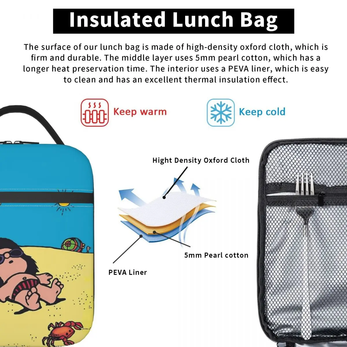 Mafalda On The Beach Thermal Insulated Lunch Bags for Office Kawaii Portable Food Bag Men Women Thermal Cooler Lunch Box