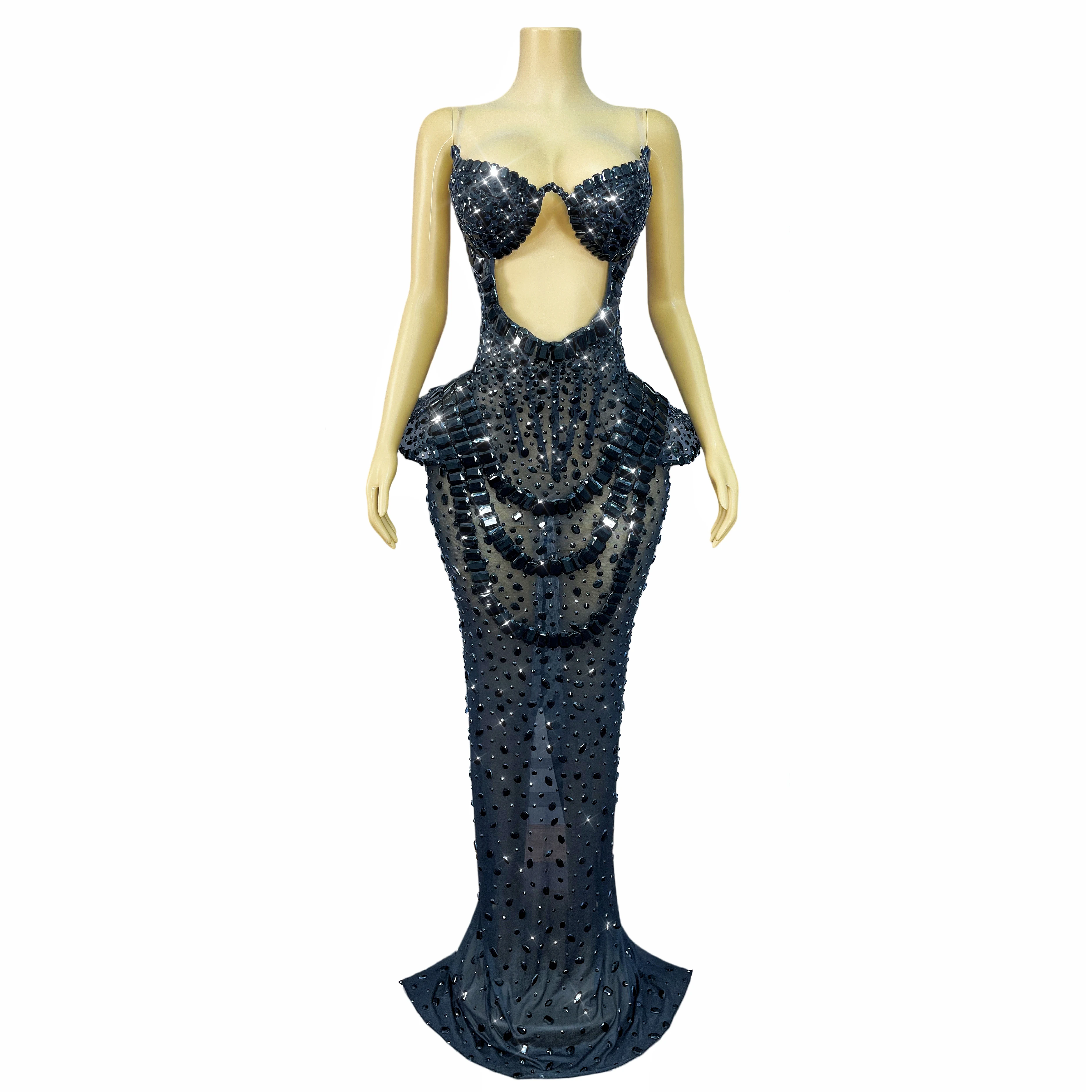 High-end Elegant Sparkly Rhinestones Sexy Cultivation Mesh Dress Women Evening Prom Gown Red carpet Show Outfit Meihongguan