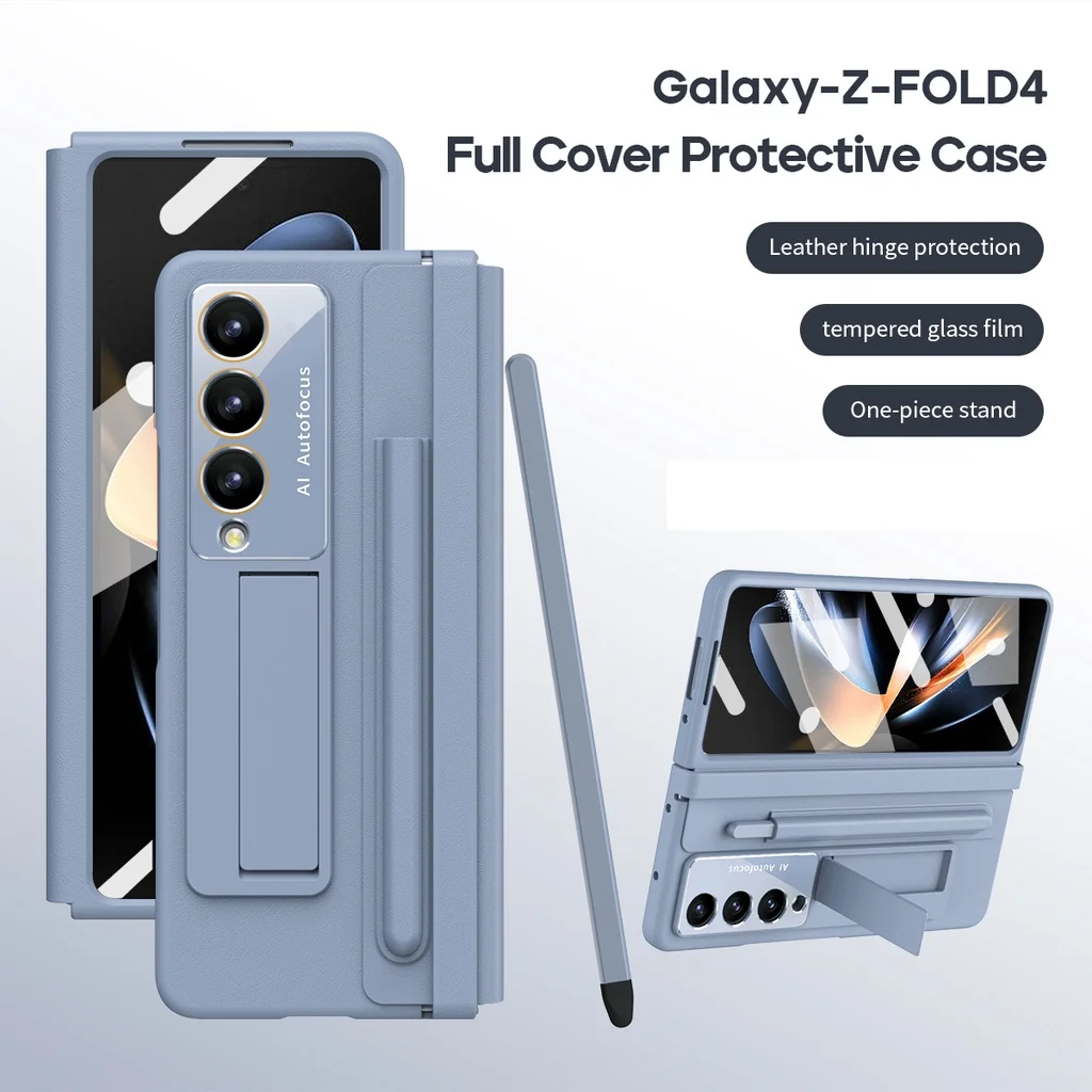 With S Pen Holder For Samsung Galaxy Z Fold 5 Fold 4 5G PU Leather Case Hinge With Bracket Screen Film Full Protector Cover