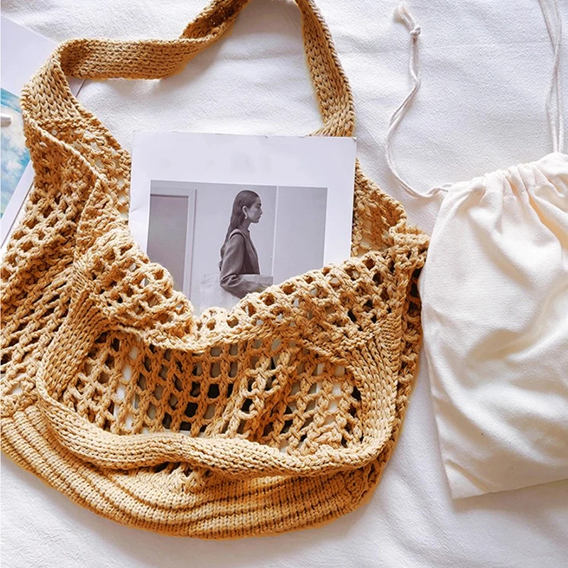 Women Crochet Tote Bag Hollow Beach Bag Large Capacity Fashion Knitted Bag Solid Color Simple Shopping Bag for Travel Vacation
