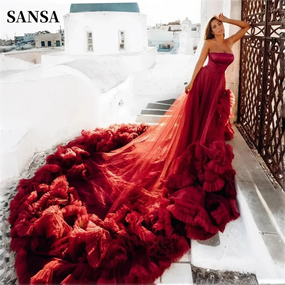 

Sansa Luxury Strapless فساتين سهره فاخره Burgundy 2023 فساتين للحفلات الراقصة Sexy Long Sweep Train Tulle Prom Dress