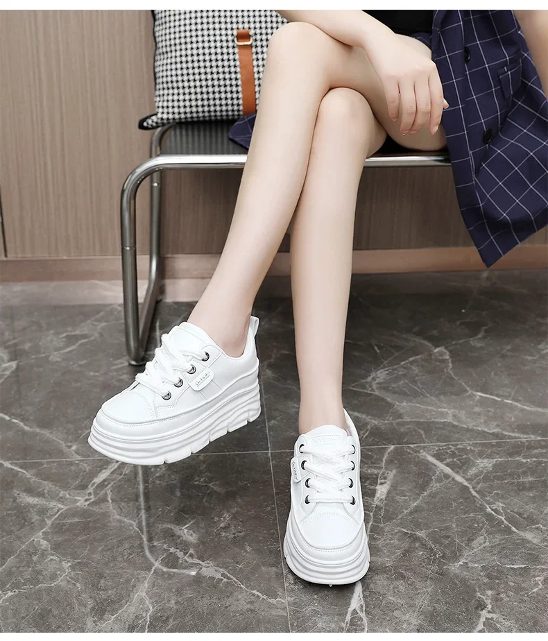 White Platform Women's Casual Sneakers Lace-up Trainers_voghion.com