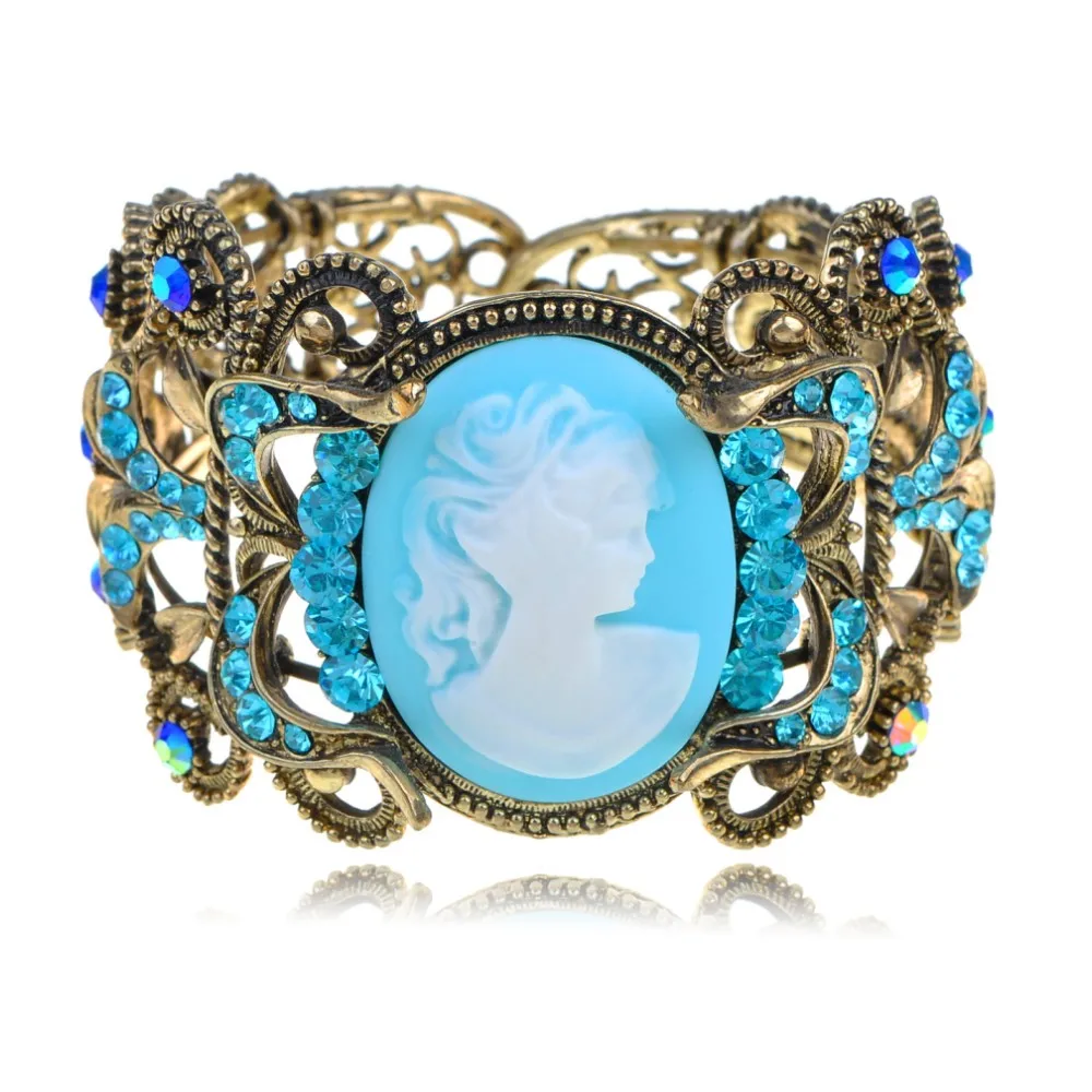 Golden Tone Blue Lady Girl Maiden Cameo Bangle Bracelet