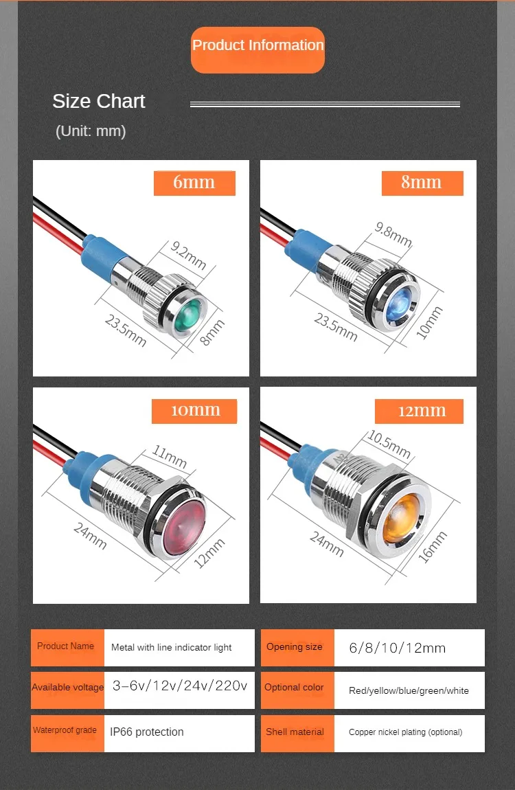 5 stücke Kleine metall anzeige licht 6/8/10/12mm wasserdichte leuchtende LED power signal licht 6V12V24V220V Draht Verbinden Lampe Pilot – Detail 6