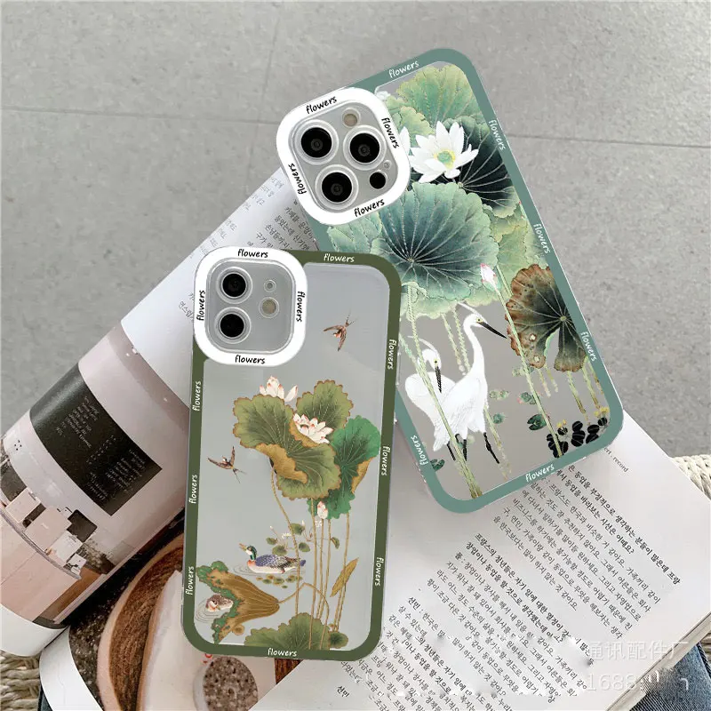 Lotus Pink White Flowers Green Leaf White Crane Clear Phone Case Per Iphone 11 13 12 14 Pro Max 7 8 Plus Se2 X Xr Xs Cover Posteriore