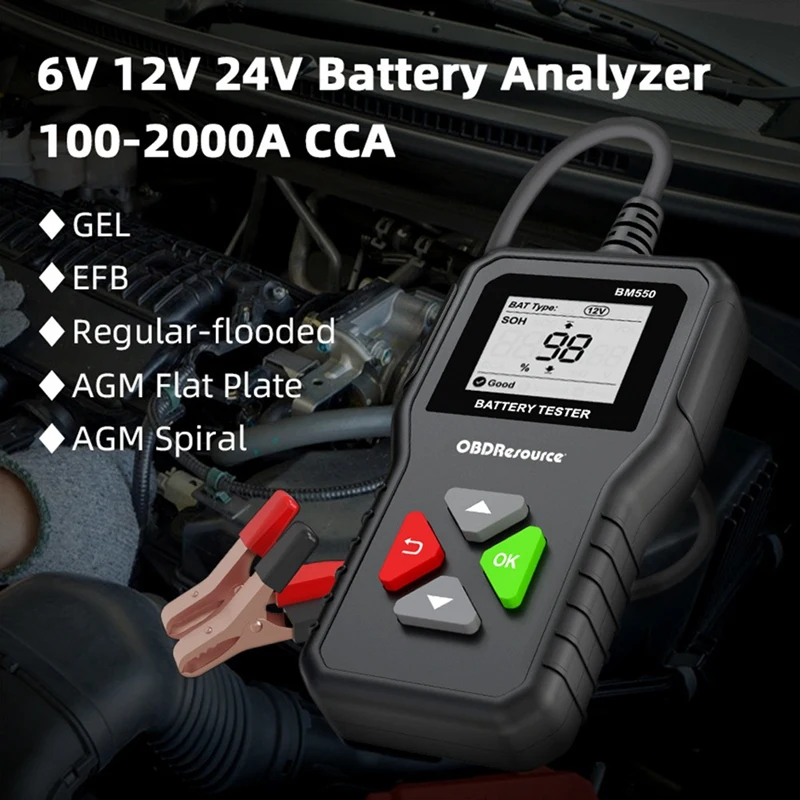 자동차 배터리 테스터, BM550, 6V, 12V, 24V, 100-2000 CCA, 2Ah-220Ah 배터리 시스템, 자동 배터리 분석기, 자동차 배터리 도구 감지