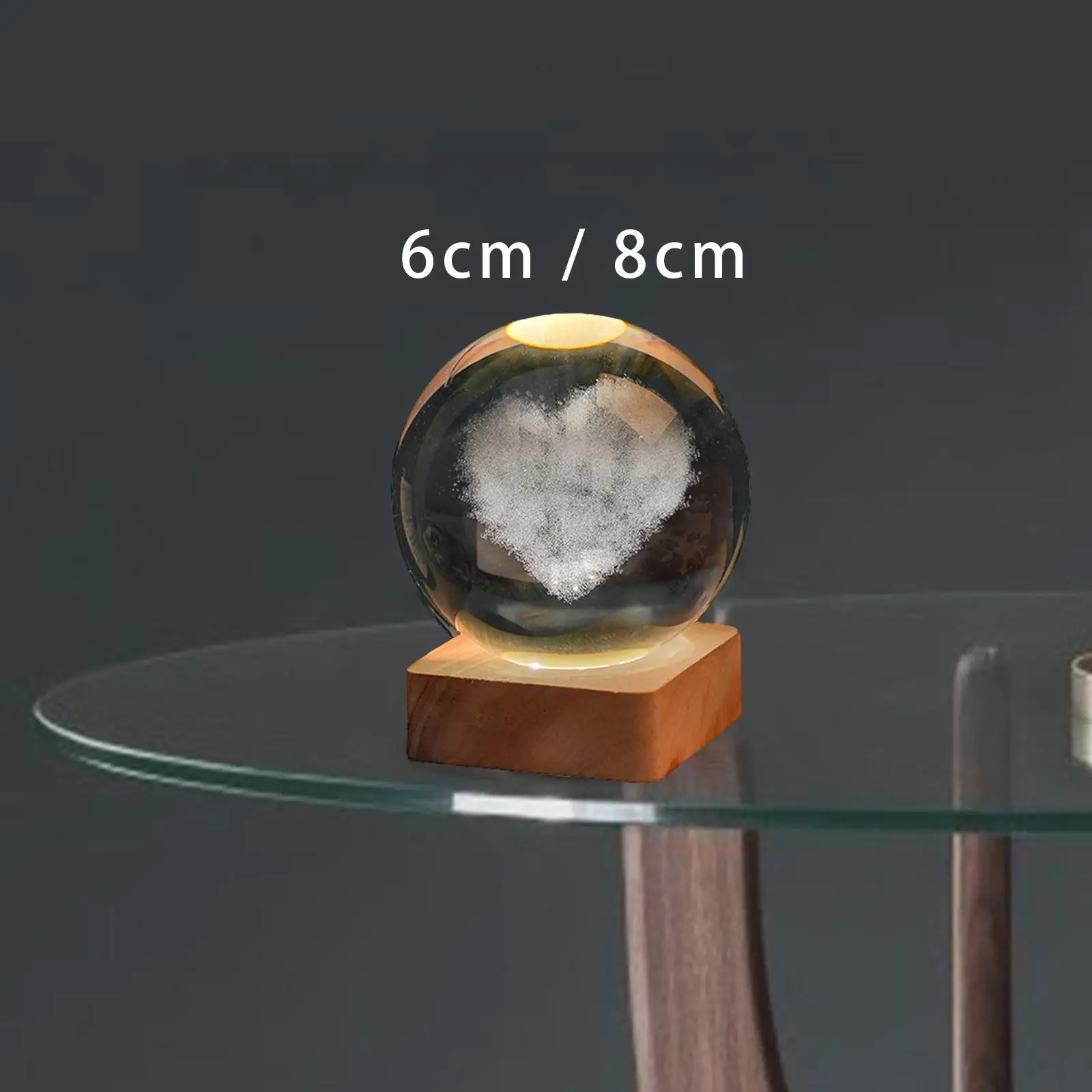

Heart Glass Ball Night Light with LED Wood Base for Home Living Room Kids
