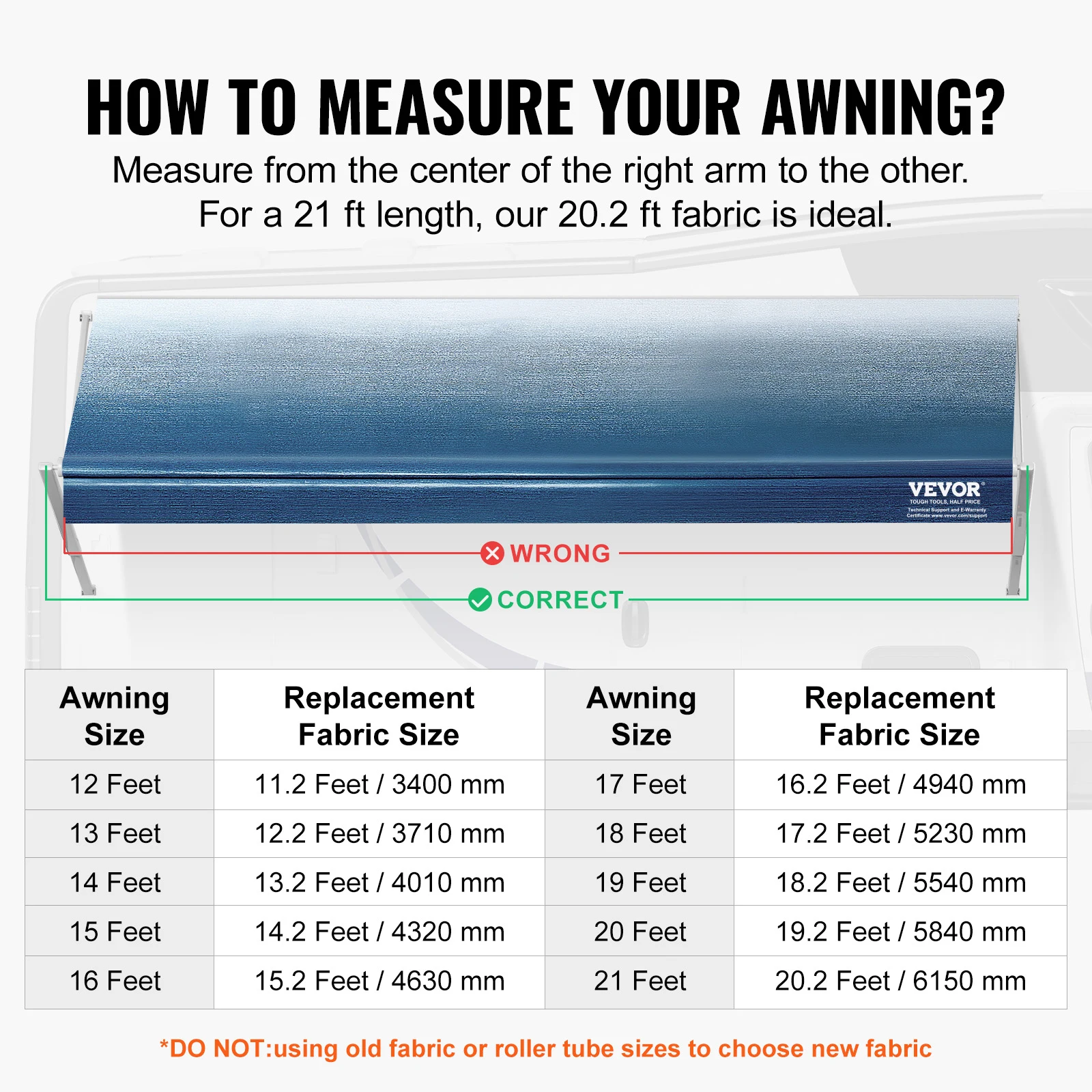 VEVOR RV Awning Fabric Replacement 20'2" Fabric Length for 21' Awning Heavy Duty 3-Ply 16oz PVC Camper Waterproof