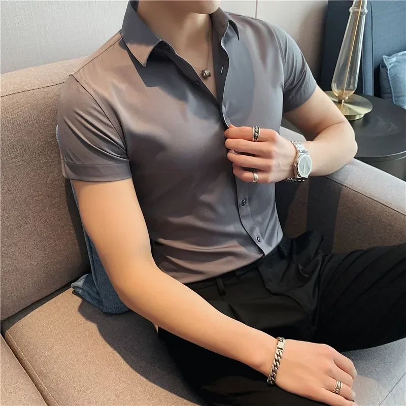 Summer Men Fashion Casual Short Sleeve Solid Shirt Super Slim Fit Male Social Business Dress Shirt Brand Men Casual Dress Blouse
