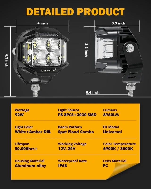 Auxbeam 4インチ 92W LEDキューブポッド サイドシューター付き Amazon.com: Auxbeam 4in 92W LED Cube Pod with Side Shooter