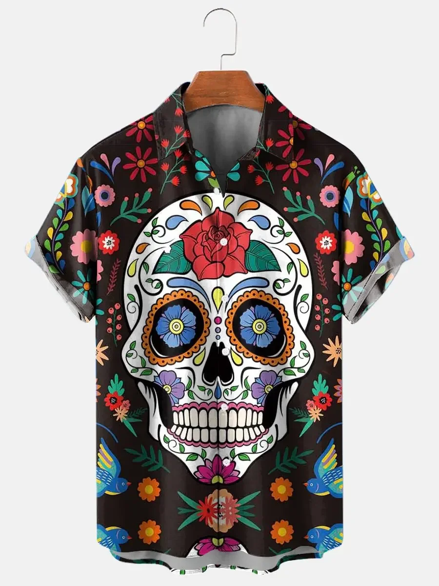 

Mexico Sugar Skull Fashion Men's Shirts Funny Skull 3D Print Streetwear Short Sleeve Hawaiian Shirt Print Lapel Shirts For Men