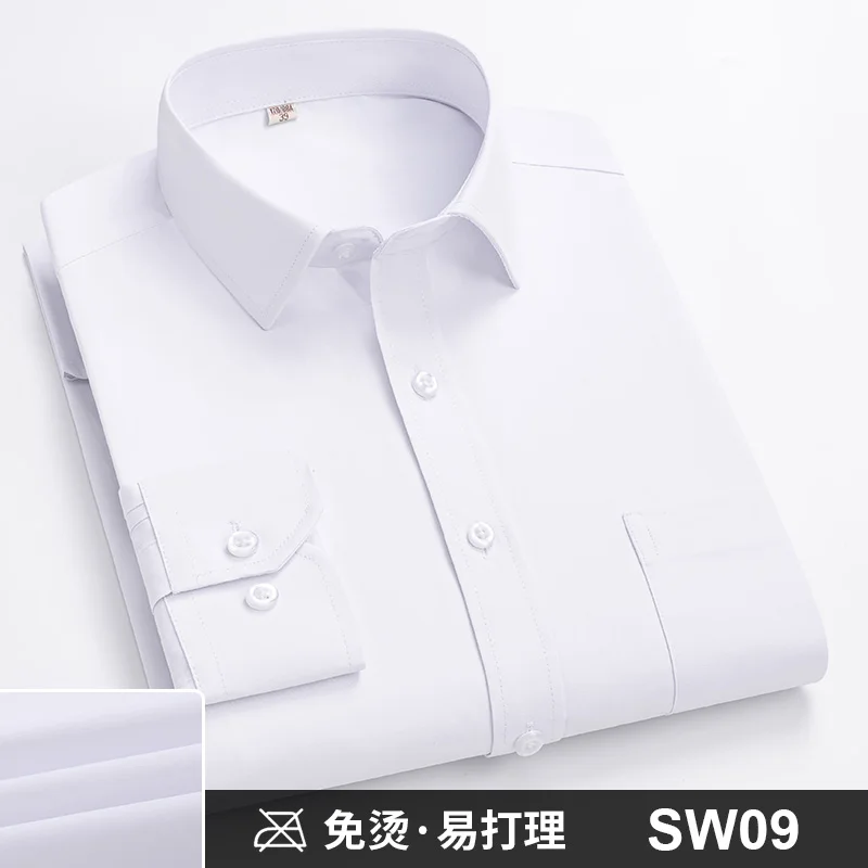 Men Formal Shirt Long Sleeve Office Solid Color Striped Anti-Wrinkle Non-ironing Fashion Business Pocket White Social Shirt 4XL