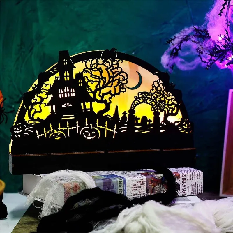 

Светящиеся со светодиодной подсветкой украшения для Хэллоуина, гравировка по дереву, дом-призрак тыквы, декор комнаты, настольные аксессуары, фигурки, подарки