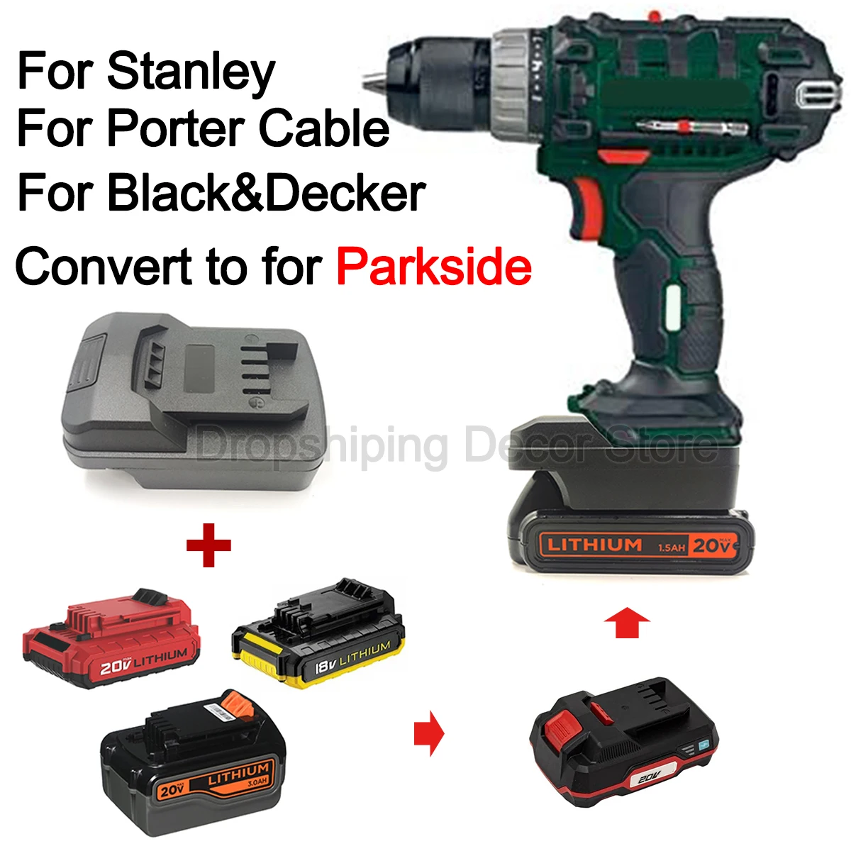 Convertitore Adattatore Batteria Per Black Decker/Porter Cable/Stanley 18/20V Batteria Agli Ioni Di Litio Converti In Per Utensili Elettrici Parkside 