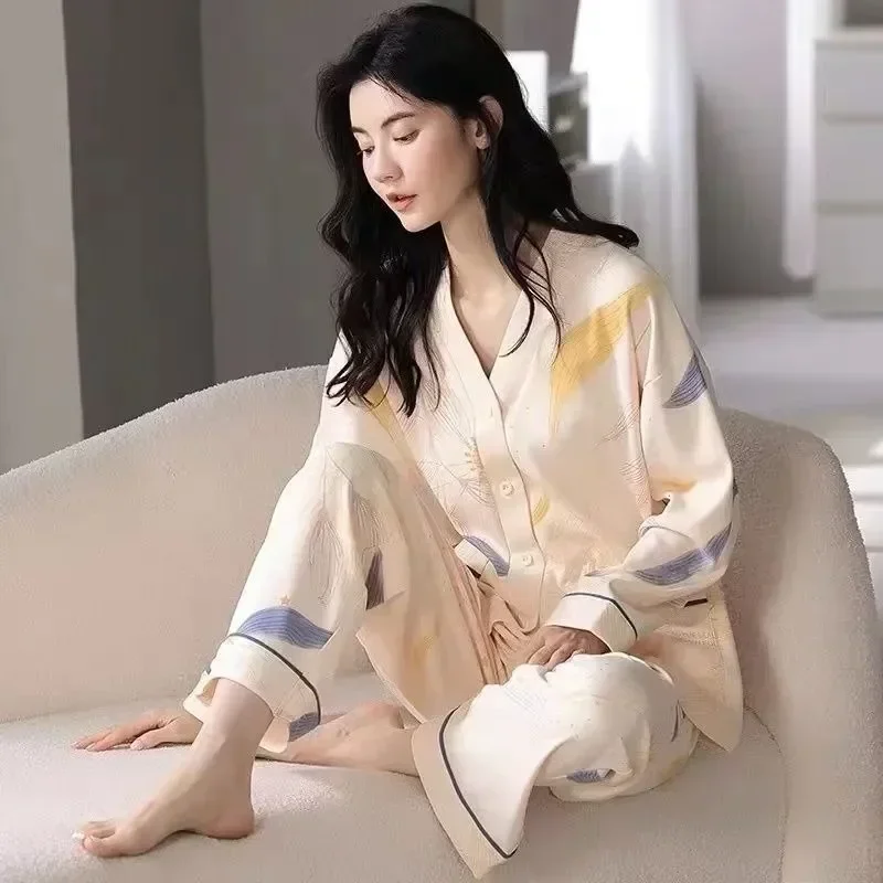 

Cardigan Women Long for Cotton High-end Spring Set Fit Large Size Casual 2023 Pajamas Autumn Pure Loose V-neck Homewear Sleeved