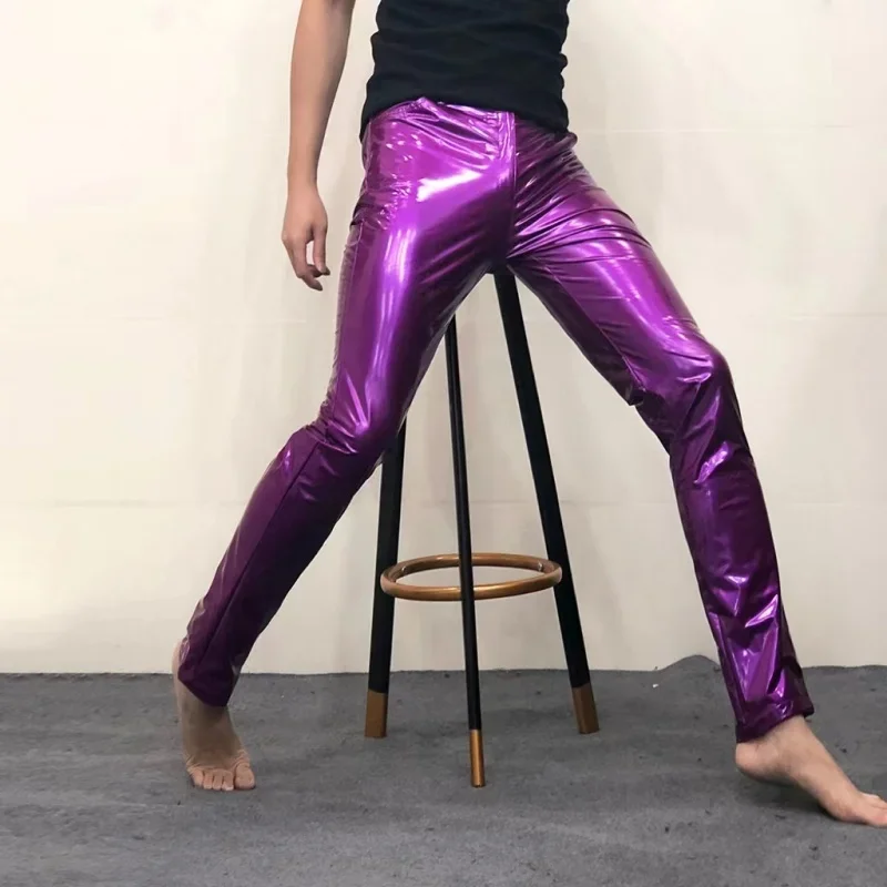 Shinny Leather Pants Sexy Nightclub Men's DS Costumes Anti-bright PU Pants Purple Tight Stretch Trousers Men Motorcycle Pants