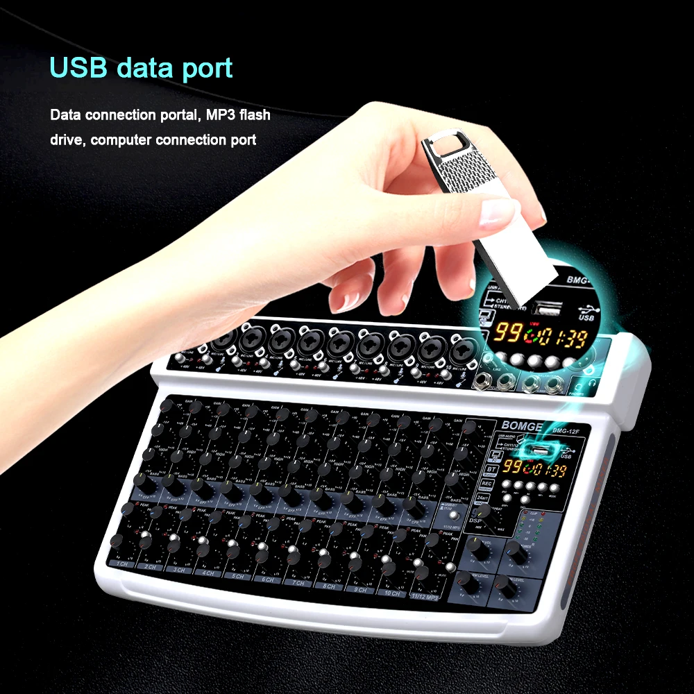 Professional Portable 99DSP 12 Channel Recording Audio Mixer interface USB 48V BT Sound Console Card for PC MP3 DJ karaoke Audio Mixer Audio Interface